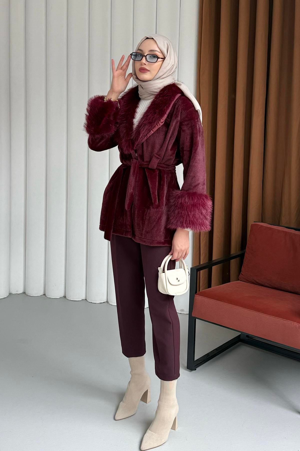 Kol Ve Yaka Kürk Detaylı Kaban-BORDO