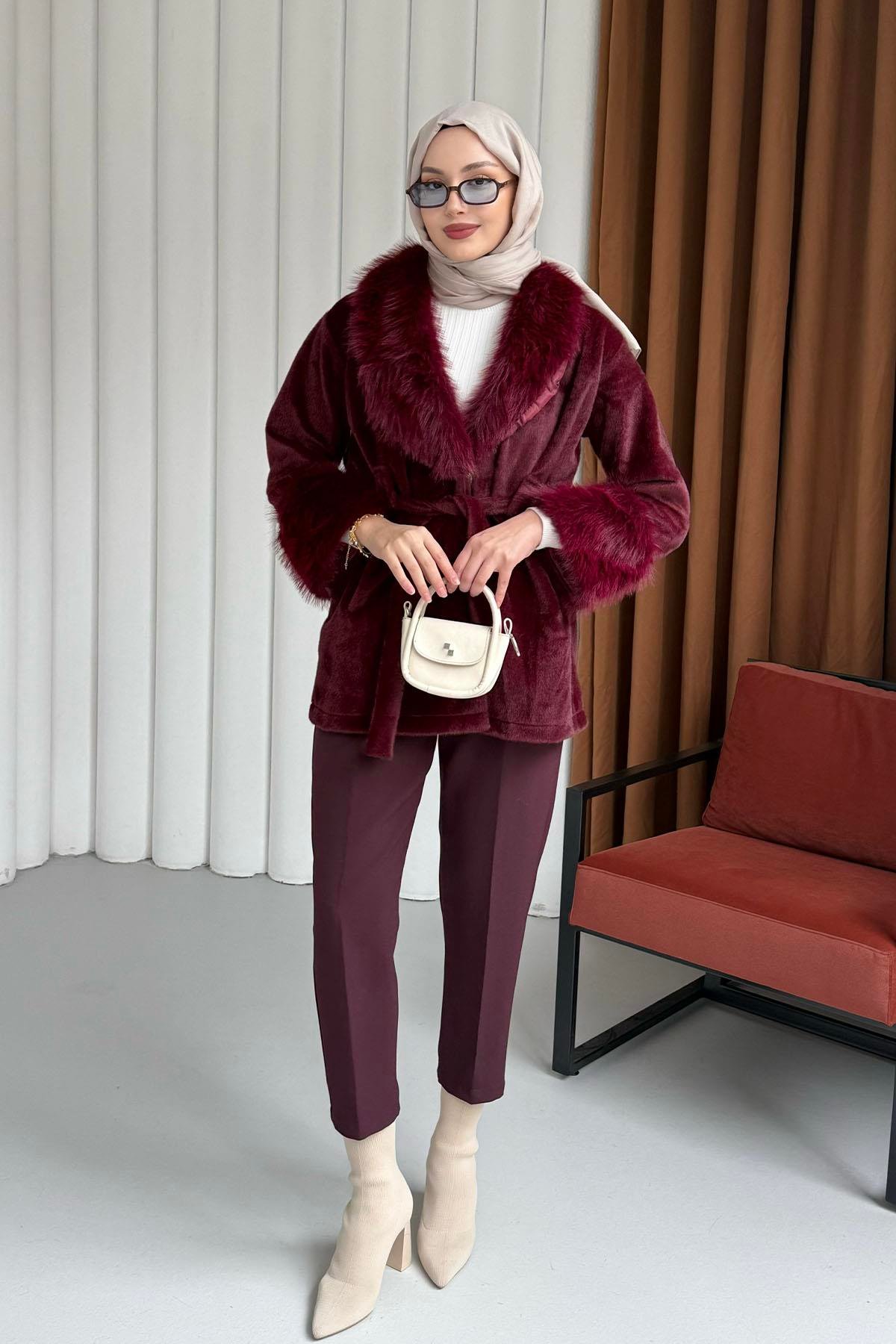 Kol Ve Yaka Kürk Detaylı Kaban-BORDO
