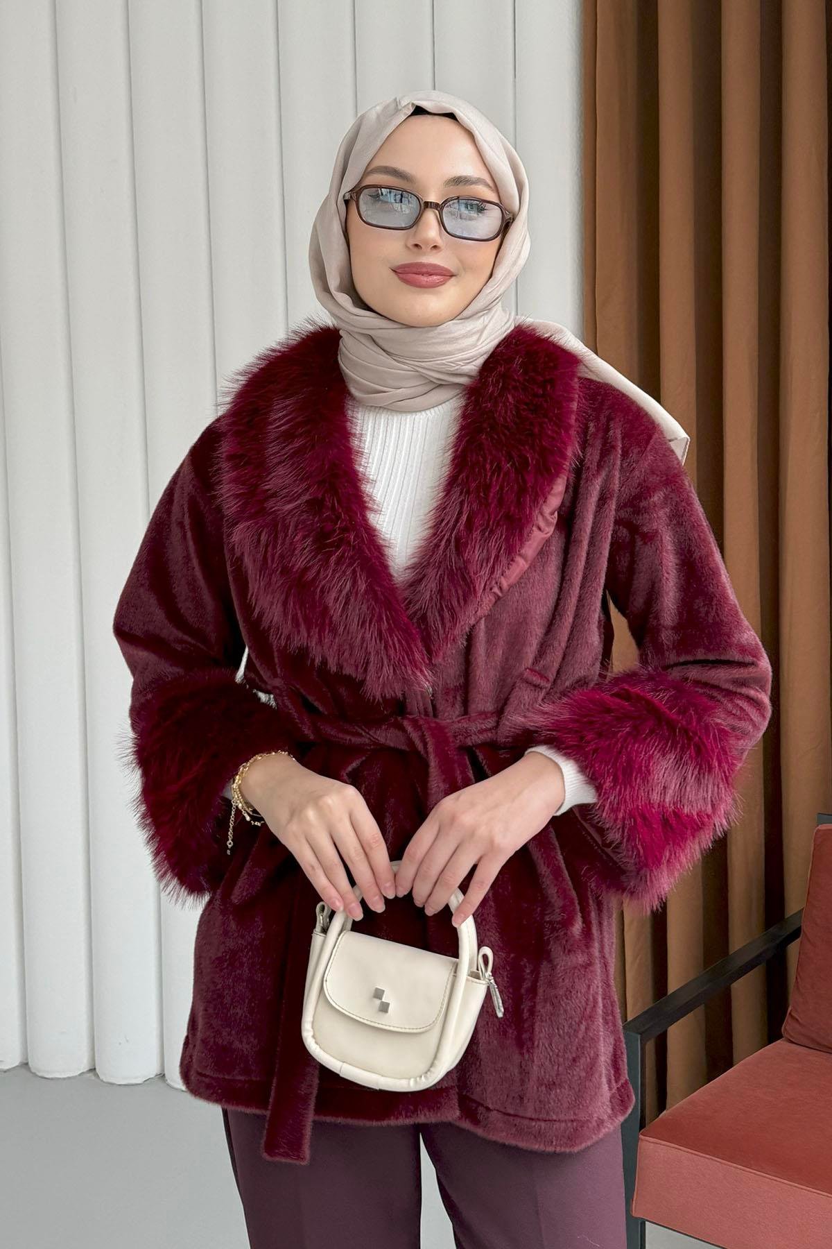 Kol Ve Yaka Kürk Detaylı Kaban-BORDO