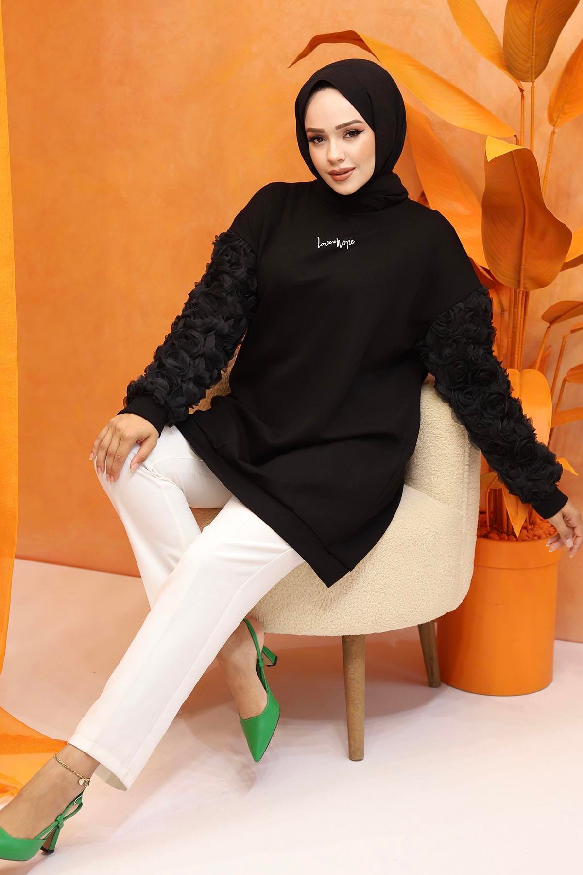 Kolları Gül Detaylı Baskılı Oversize Sweatshirt-SİYAH