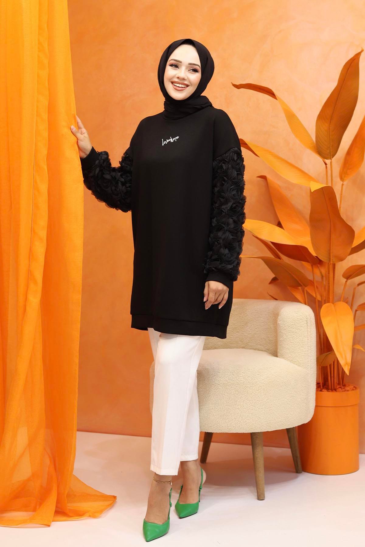 Kolları Gül Detaylı Baskılı Oversize Sweatshirt-SİYAH