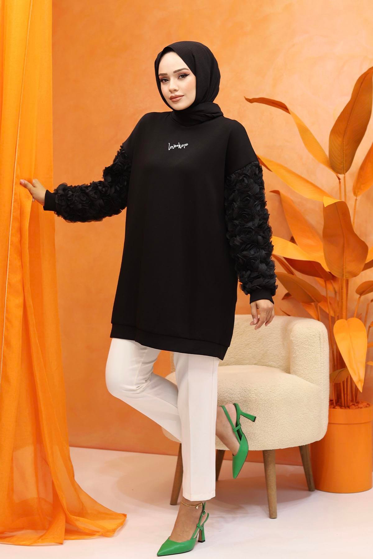 Kolları Gül Detaylı Baskılı Oversize Sweatshirt-SİYAH