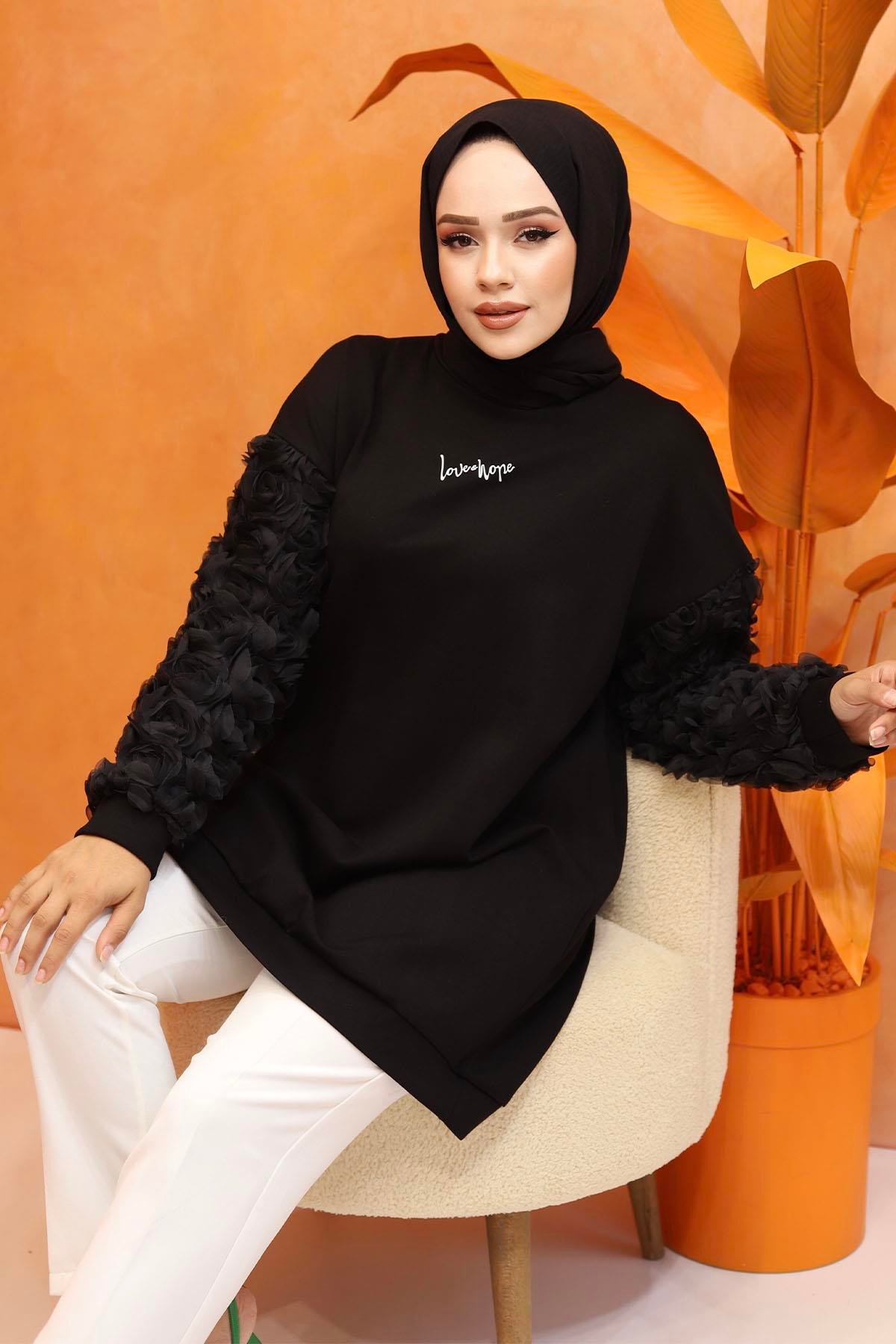 Kolları Gül Detaylı Baskılı Oversize Sweatshirt-SİYAH