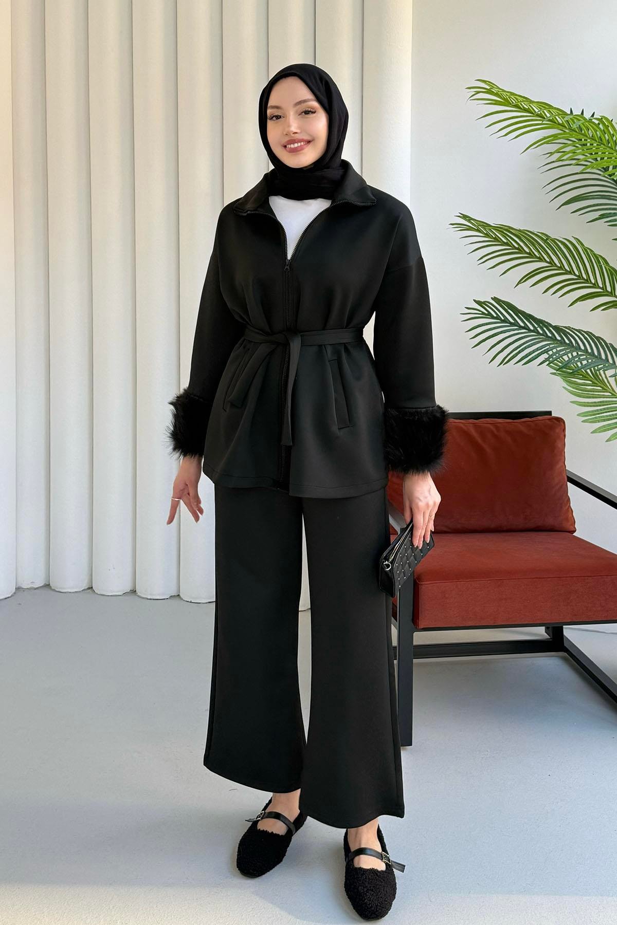 Kolları Kürk Detaylı Pantolonlu Tesettür Takım-SİYAH