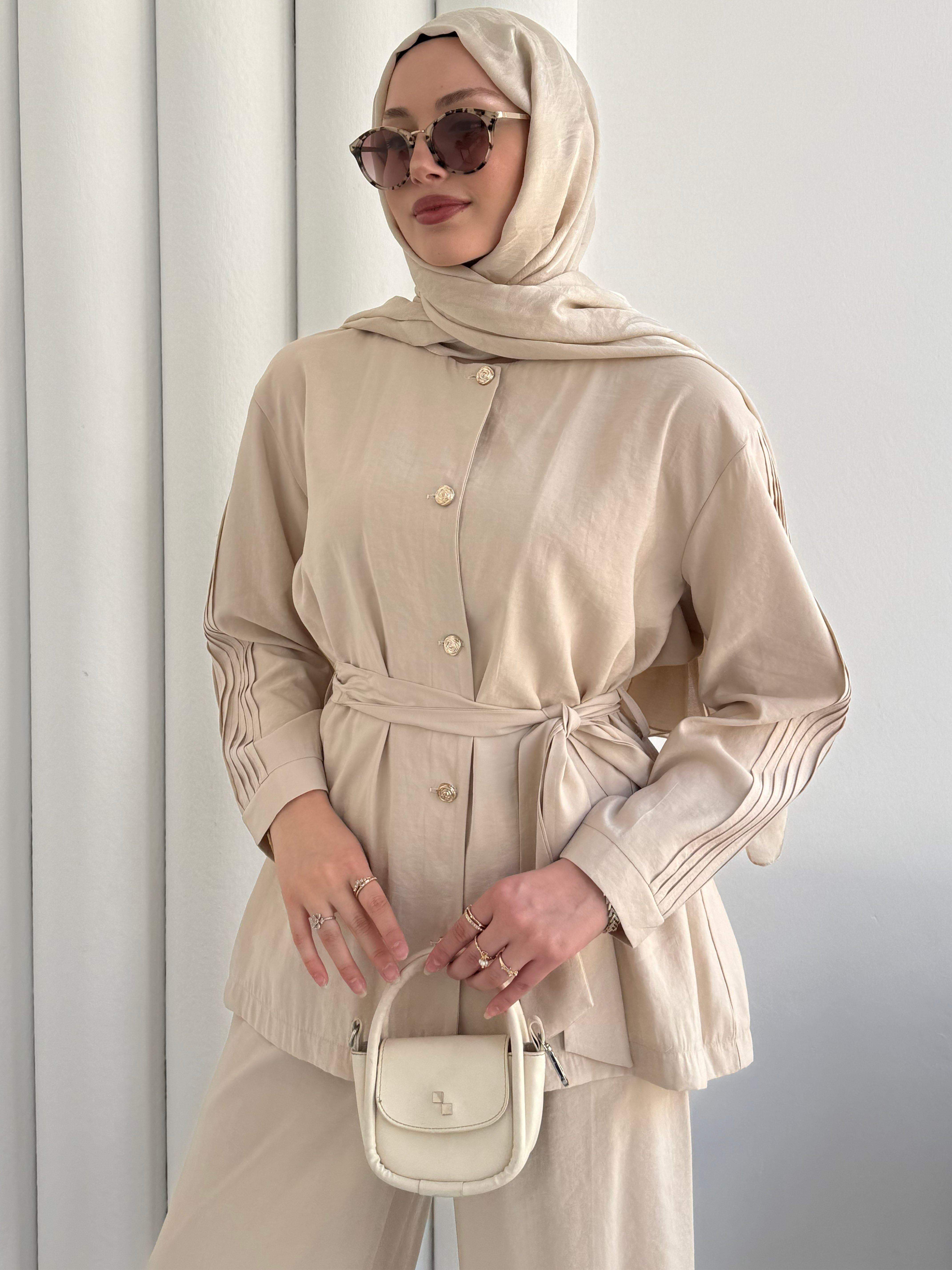Kolları Nervül Dikiş Detay Pantolon Tesettür Takım-TAŞ