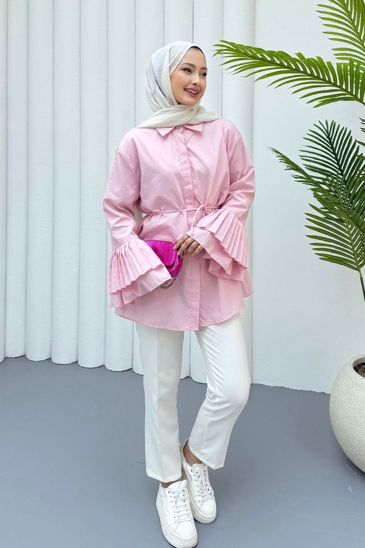 Kolu Piliseli Tasarım Tesettür Gömlek-PEMBE
