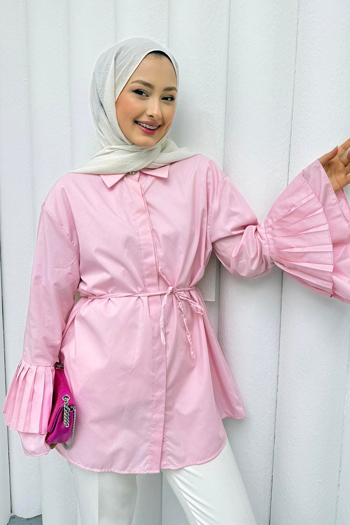 Kolu Piliseli Tasarım Tesettür Gömlek-PEMBE