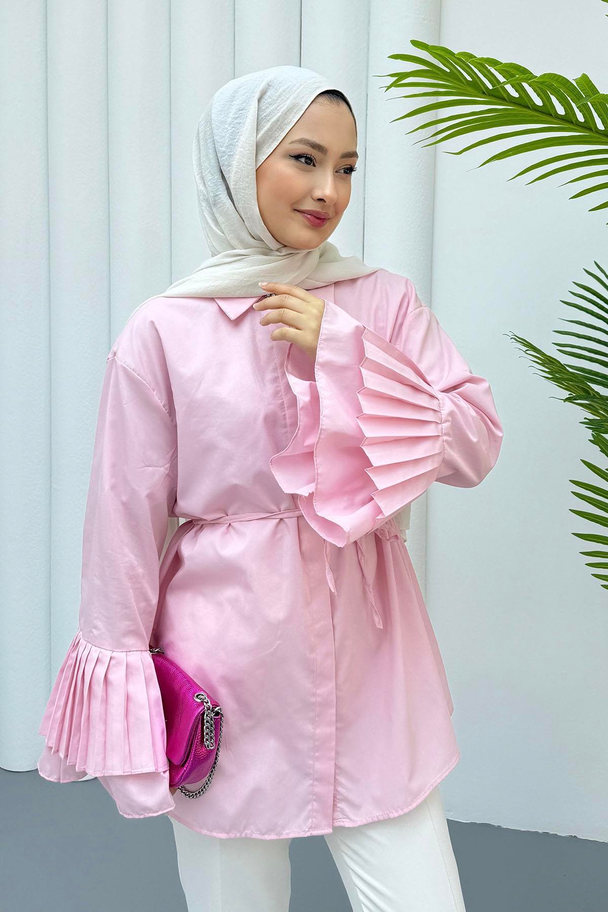 Kolu Piliseli Tasarım Tesettür Gömlek-PEMBE