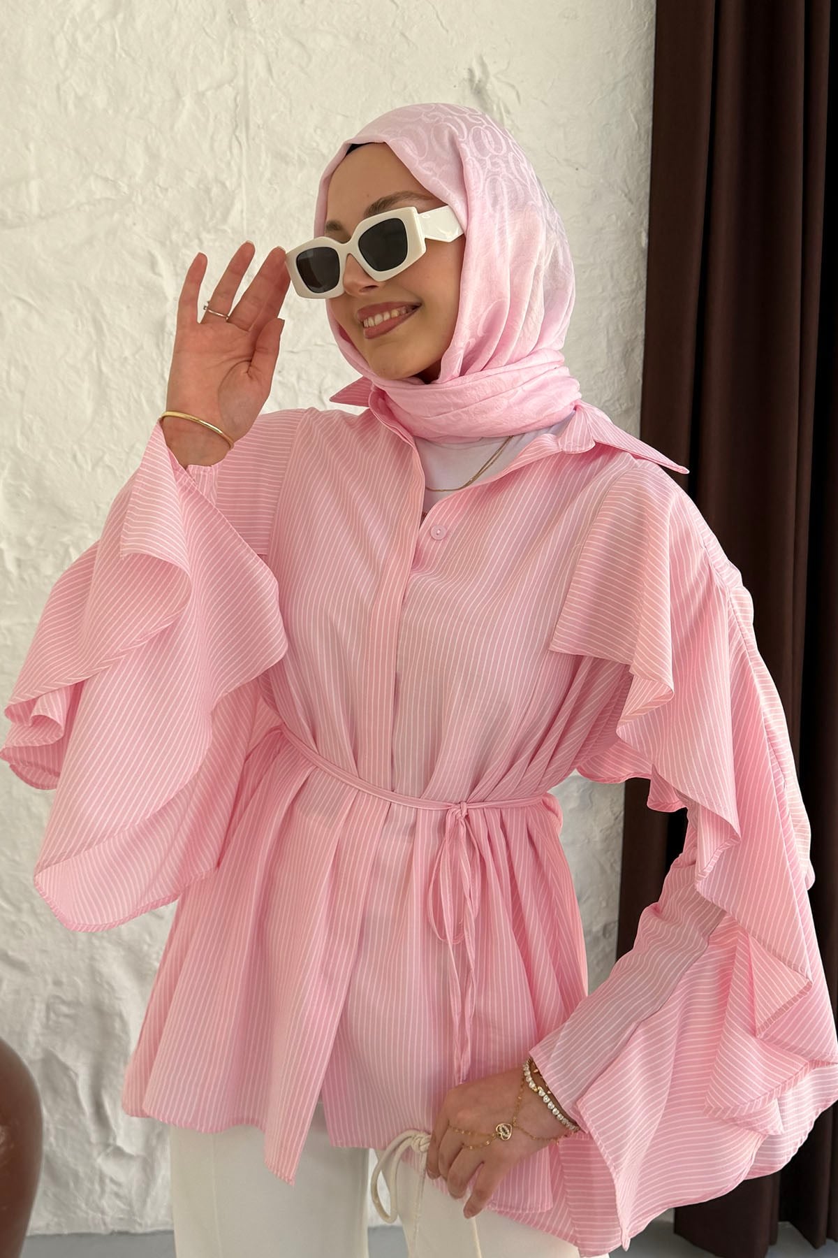 Kolu Volan Detaylı Çizgili Gömlek-PEMBE