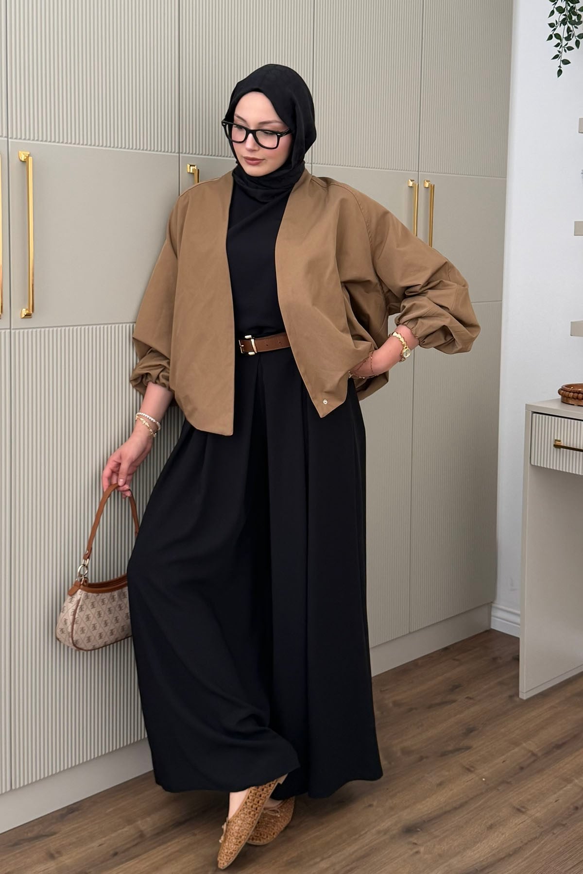 Kruvaze Balon Kesim Kısa Bomber Trençkot-CAMEL
