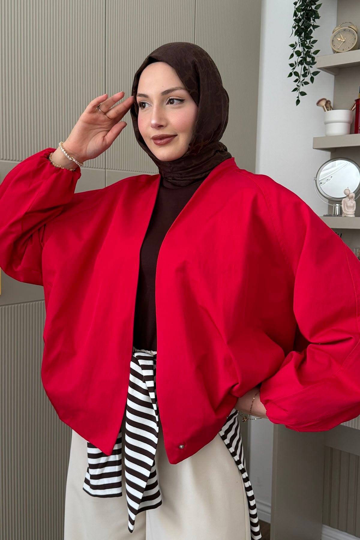 Kruvaze Balon Kesim Kısa Bomber Trençkot-KIRMIZI