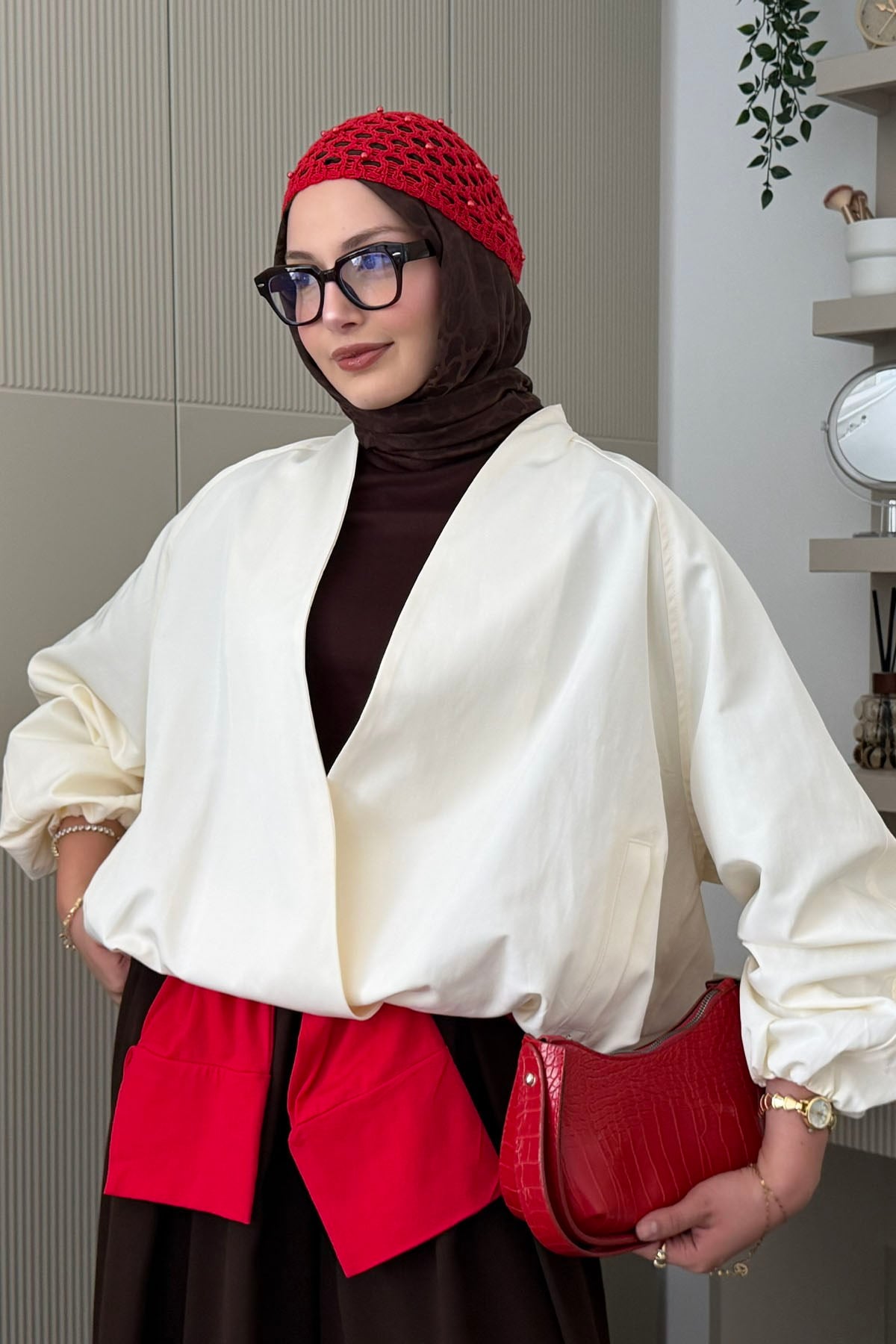 Kruvaze Balon Kesim Kısa Bomber Trençkot-EKRU
