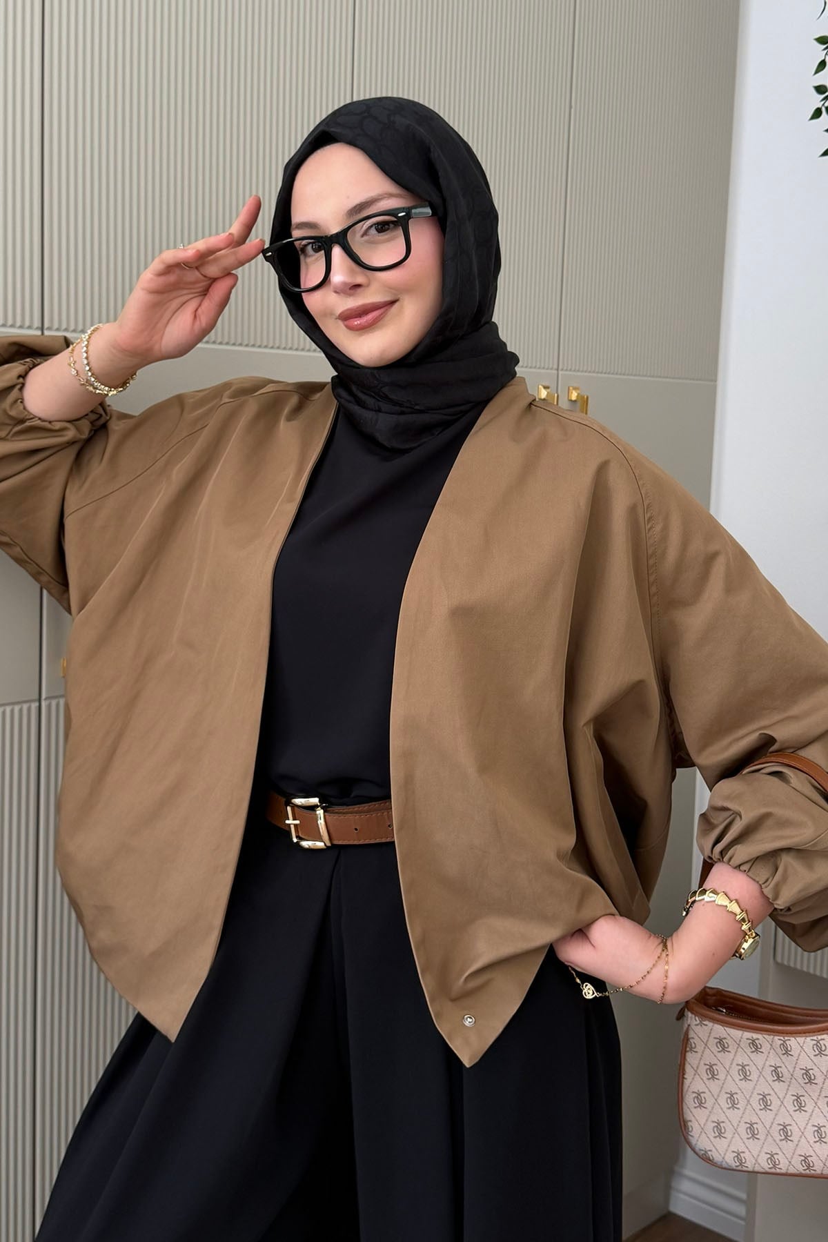 Kruvaze Balon Kesim Kısa Bomber Trençkot-CAMEL