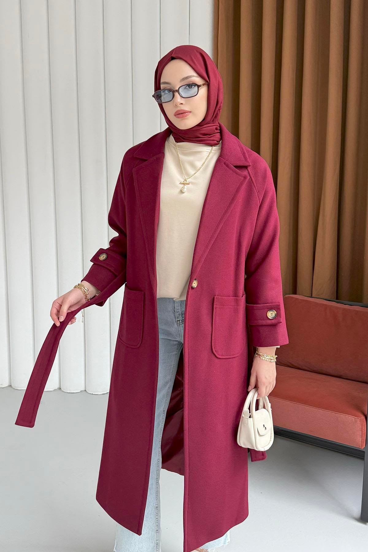 Kruvaze Yaka Bel Kuşaklı Tek Düğme Uzun Kaşe Kaban-BORDO