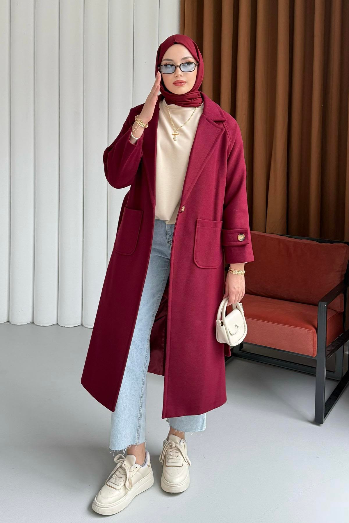 Kruvaze Yaka Bel Kuşaklı Tek Düğme Uzun Kaşe Kaban-BORDO