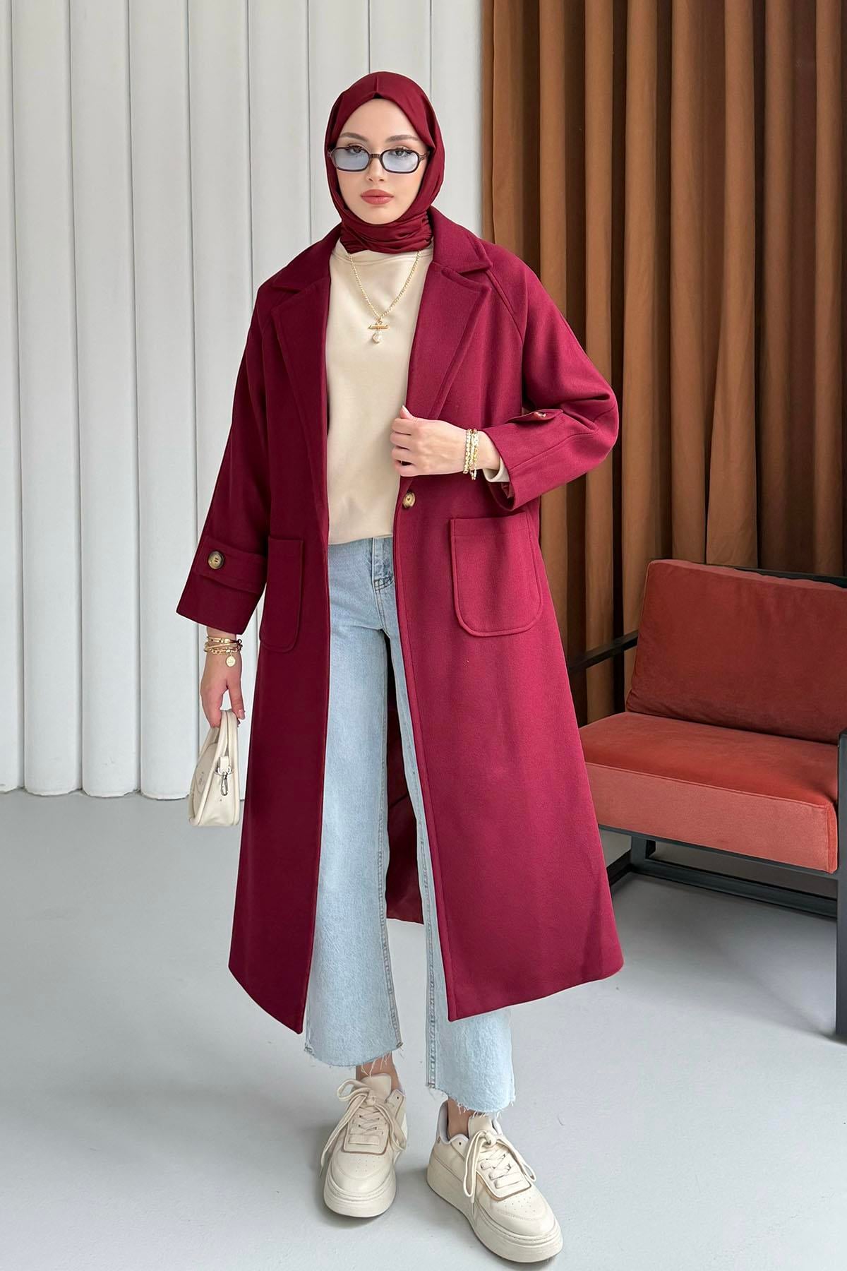 Kruvaze Yaka Bel Kuşaklı Tek Düğme Uzun Kaşe Kaban-BORDO