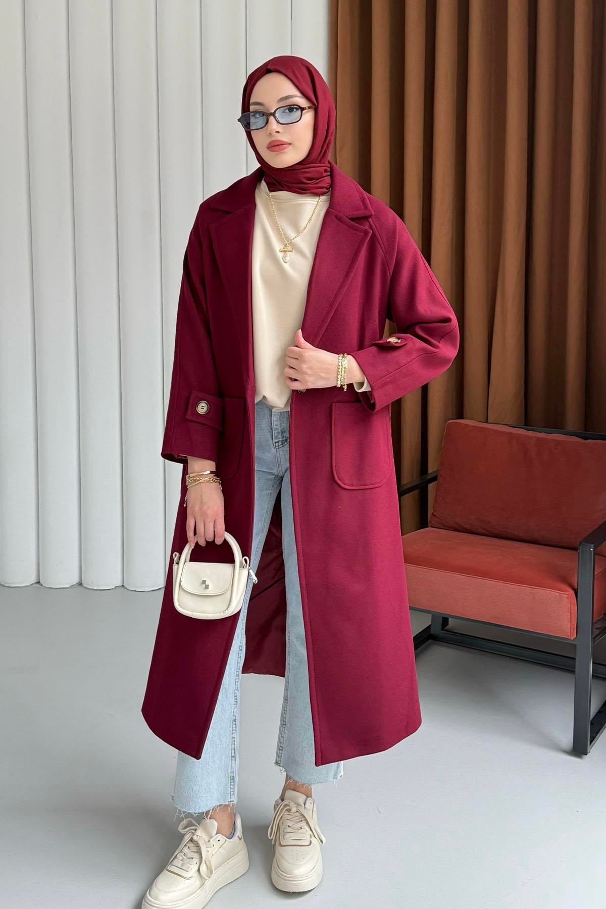 Kruvaze Yaka Bel Kuşaklı Tek Düğme Uzun Kaşe Kaban-BORDO