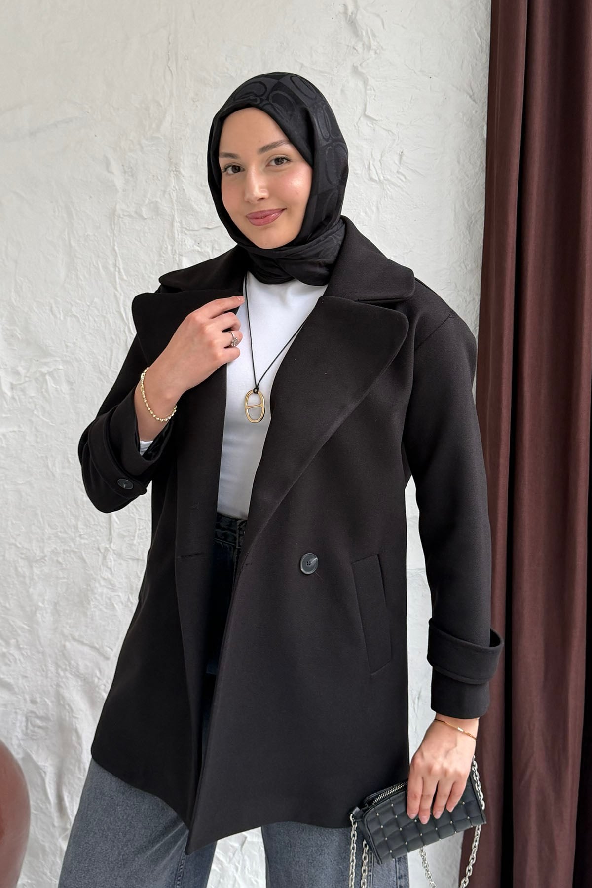 Kruvaze Yaka Çift Düğmeli Kısa Kaşe Kaban-SİYAH
