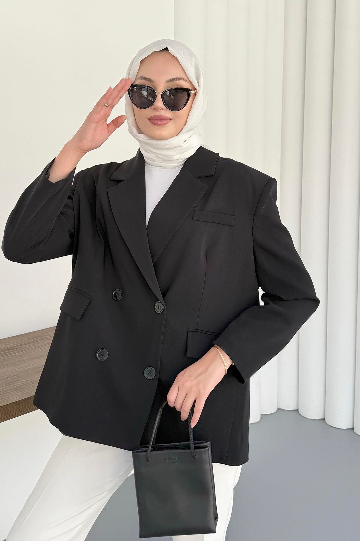 Kruvaze Yaka Düğmeli Blazer Ceket-SİYAH