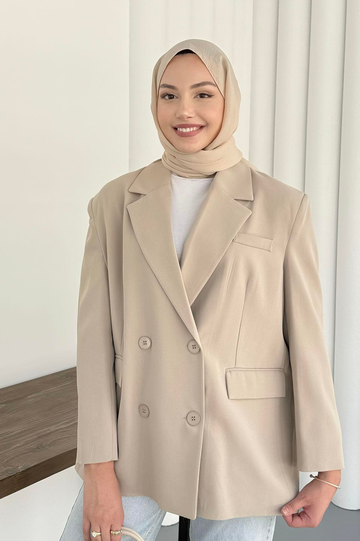 Kruvaze Yaka Düğmeli Blazer Ceket-TAŞ