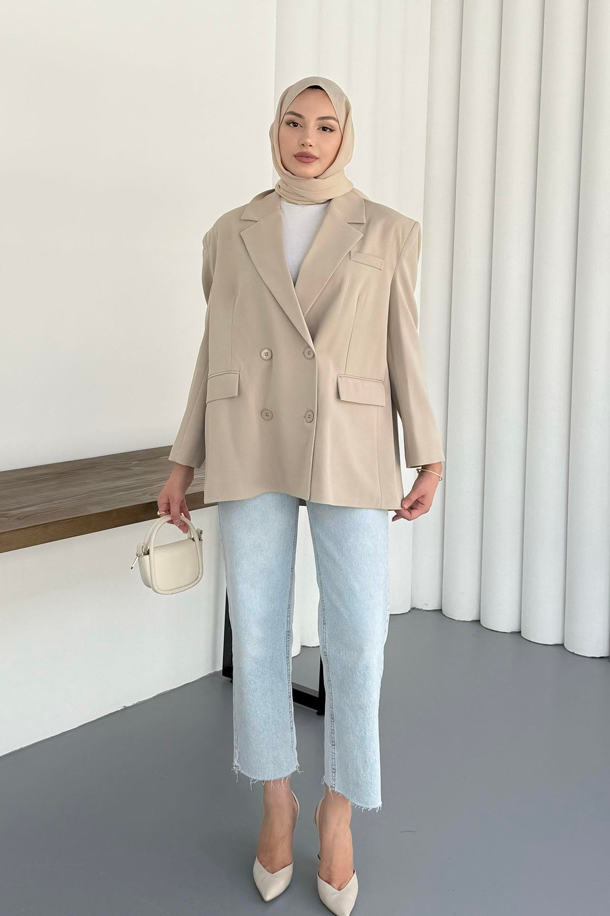 Kruvaze Yaka Düğmeli Blazer Ceket-TAŞ
