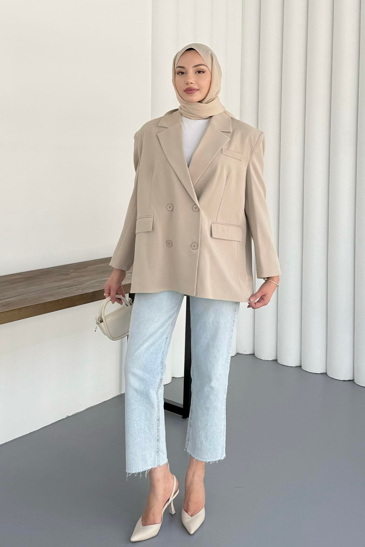 Kruvaze Yaka Düğmeli Blazer Ceket-TAŞ