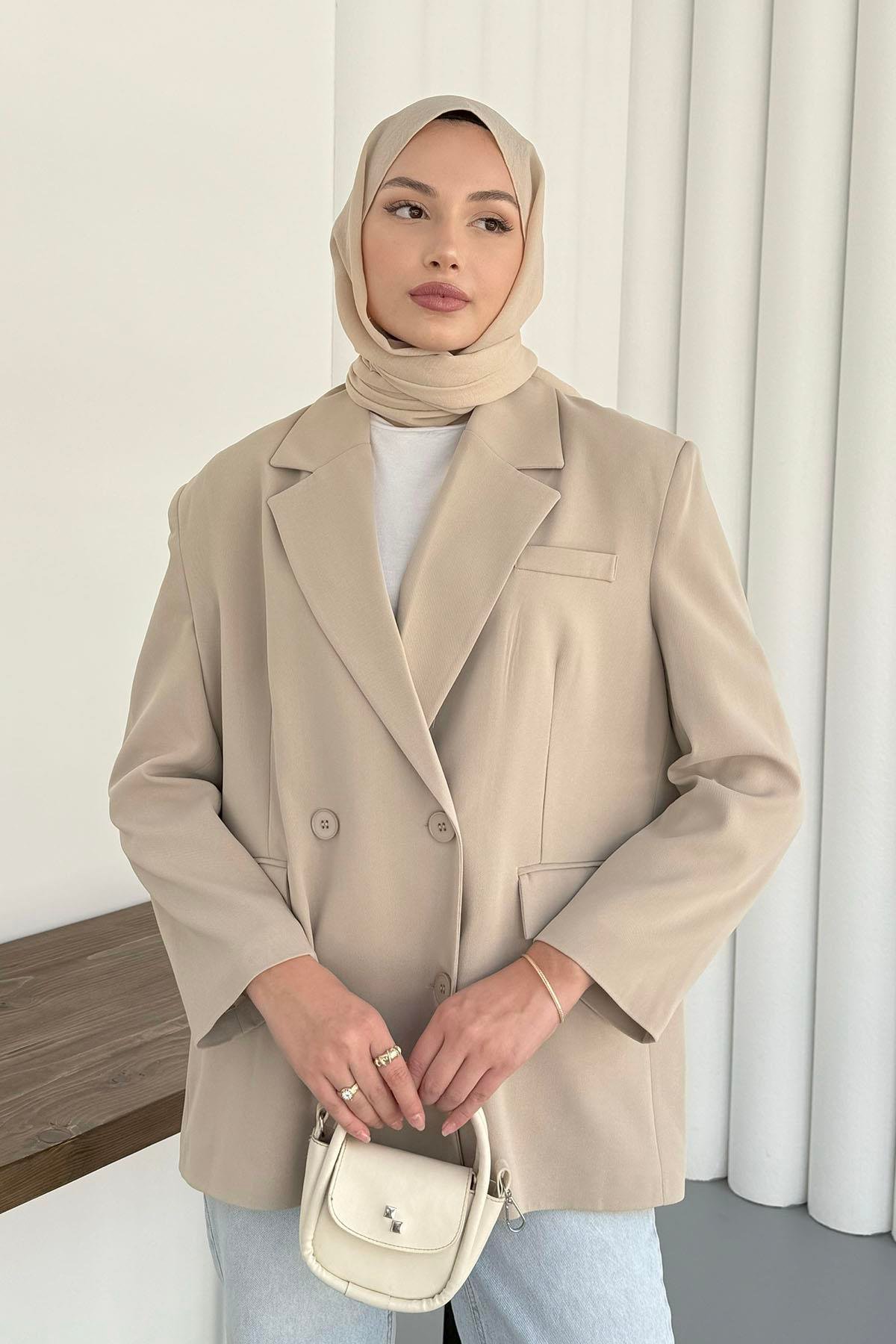 Kruvaze Yaka Düğmeli Blazer Ceket-TAŞ