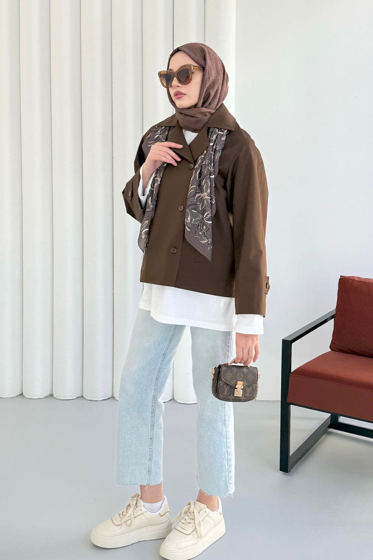 Kruvaze Yaka Kısa Trençkot-KAHVERENGİ