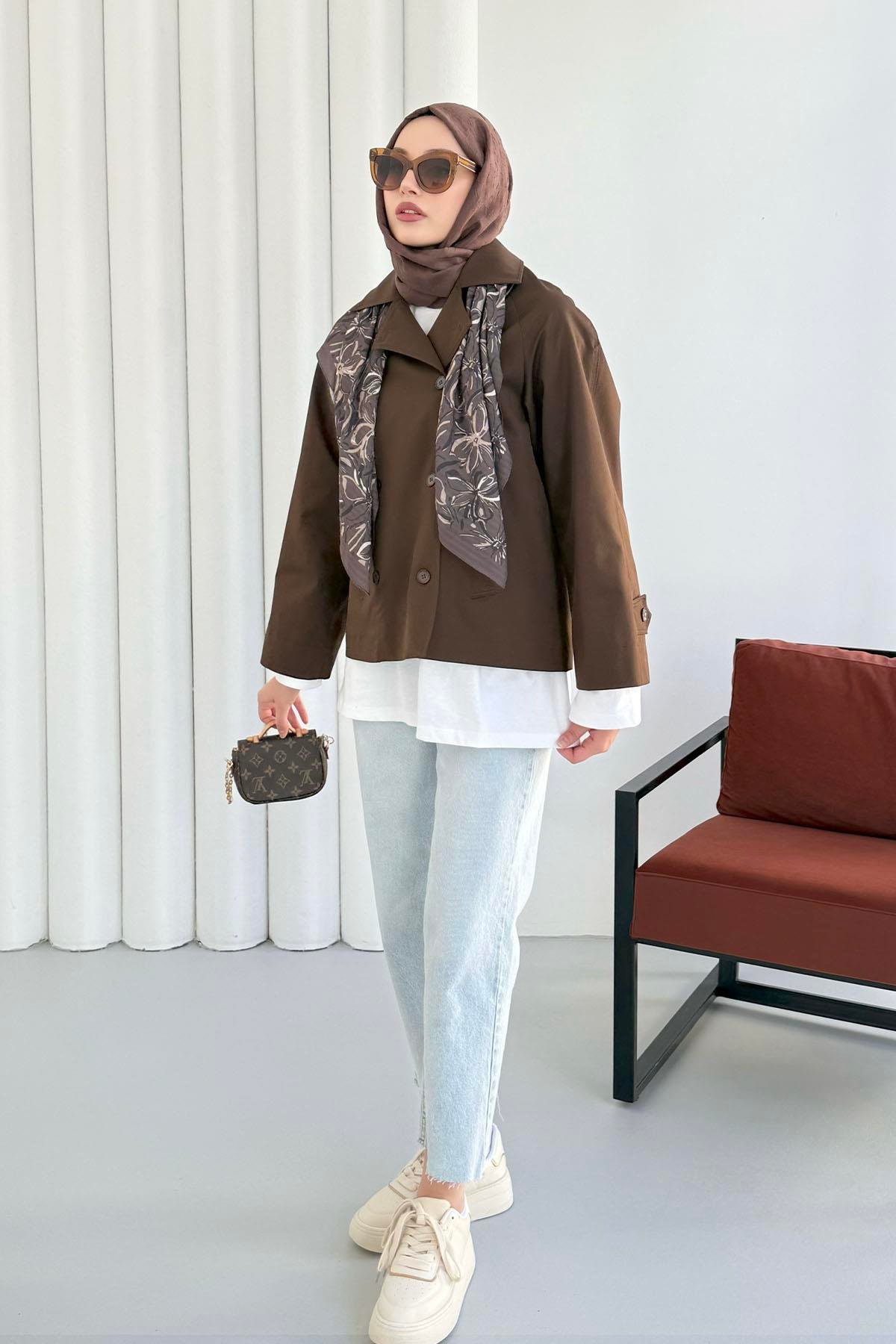 Kruvaze Yaka Kısa Trençkot-KAHVERENGİ