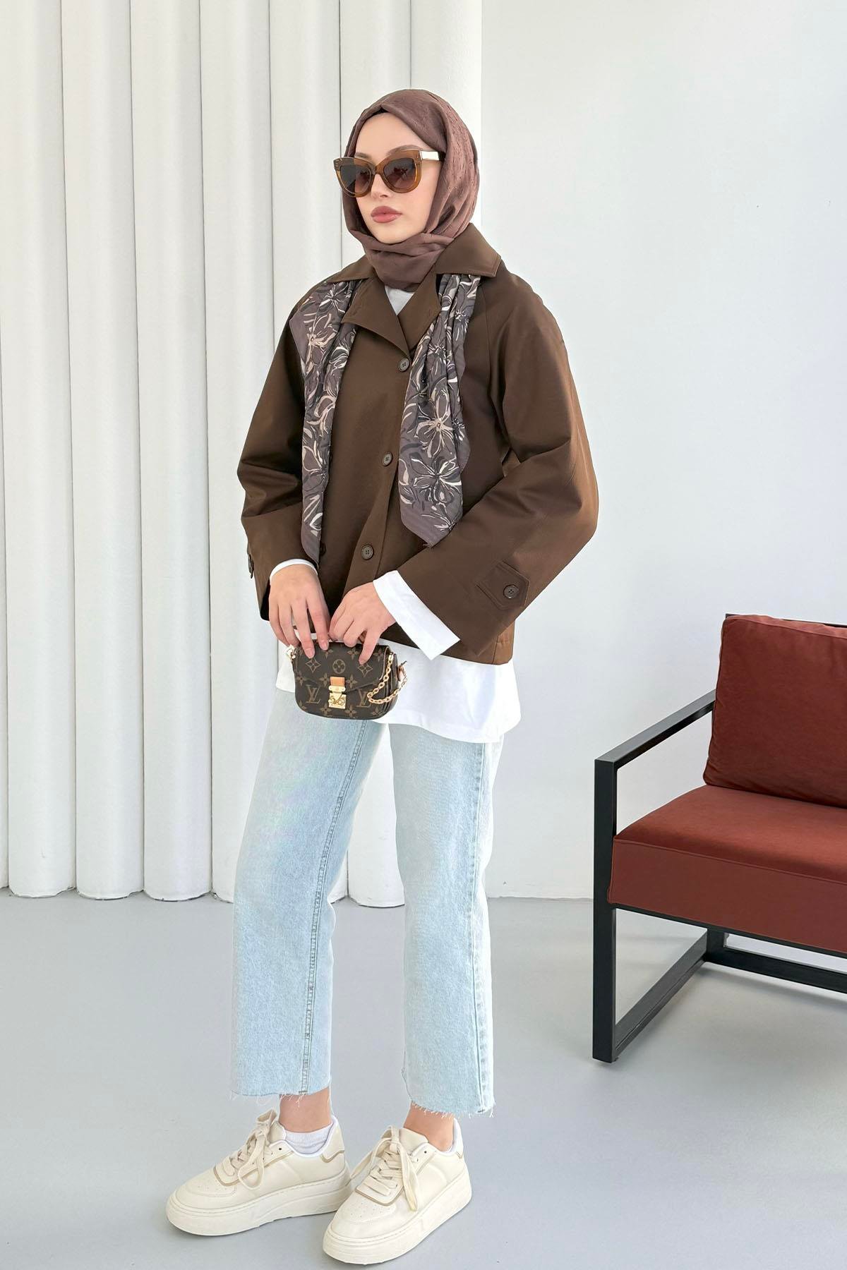 Kruvaze Yaka Kısa Trençkot-KAHVERENGİ