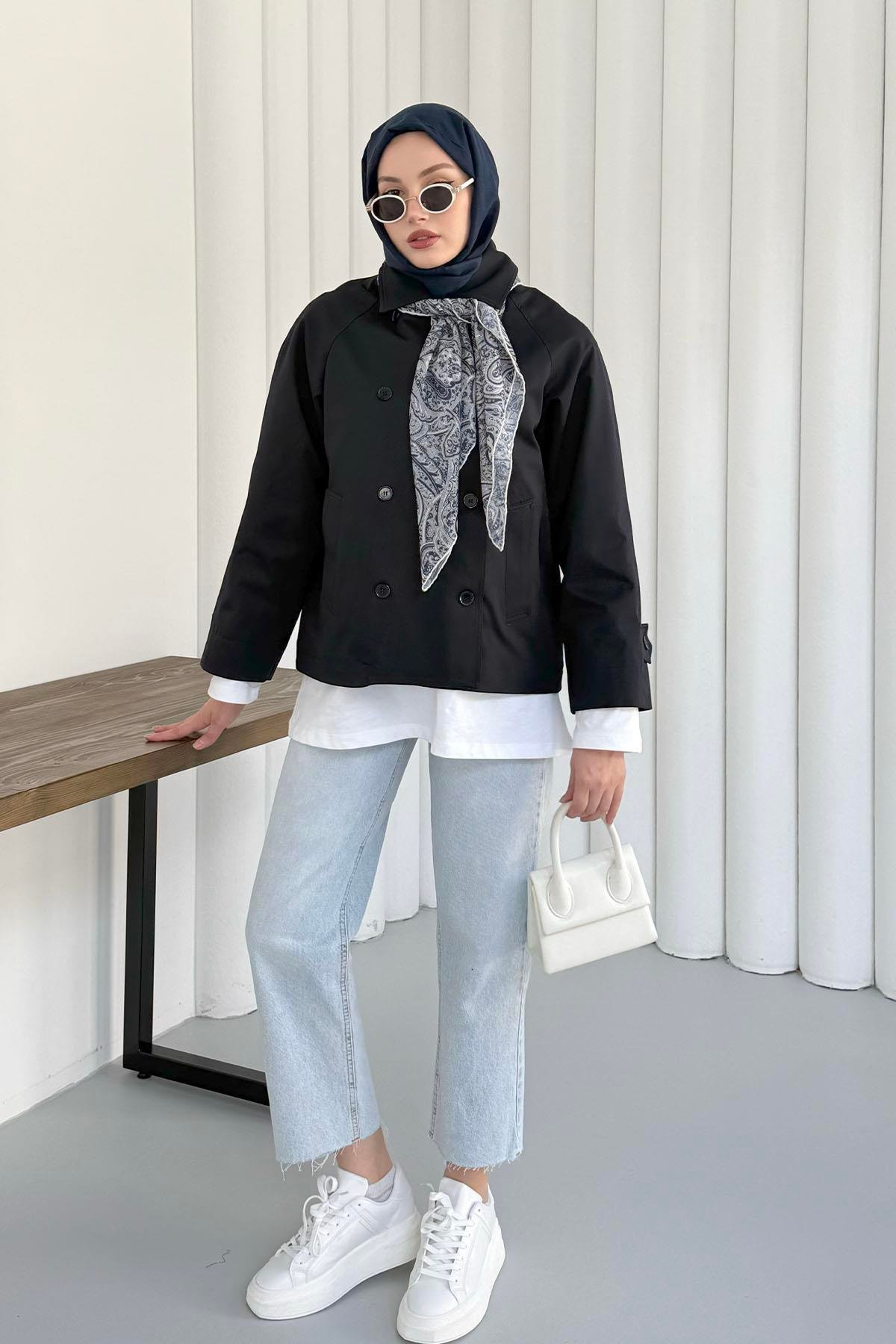 Kruvaze Yaka Kısa Trençkot-LACİVERT