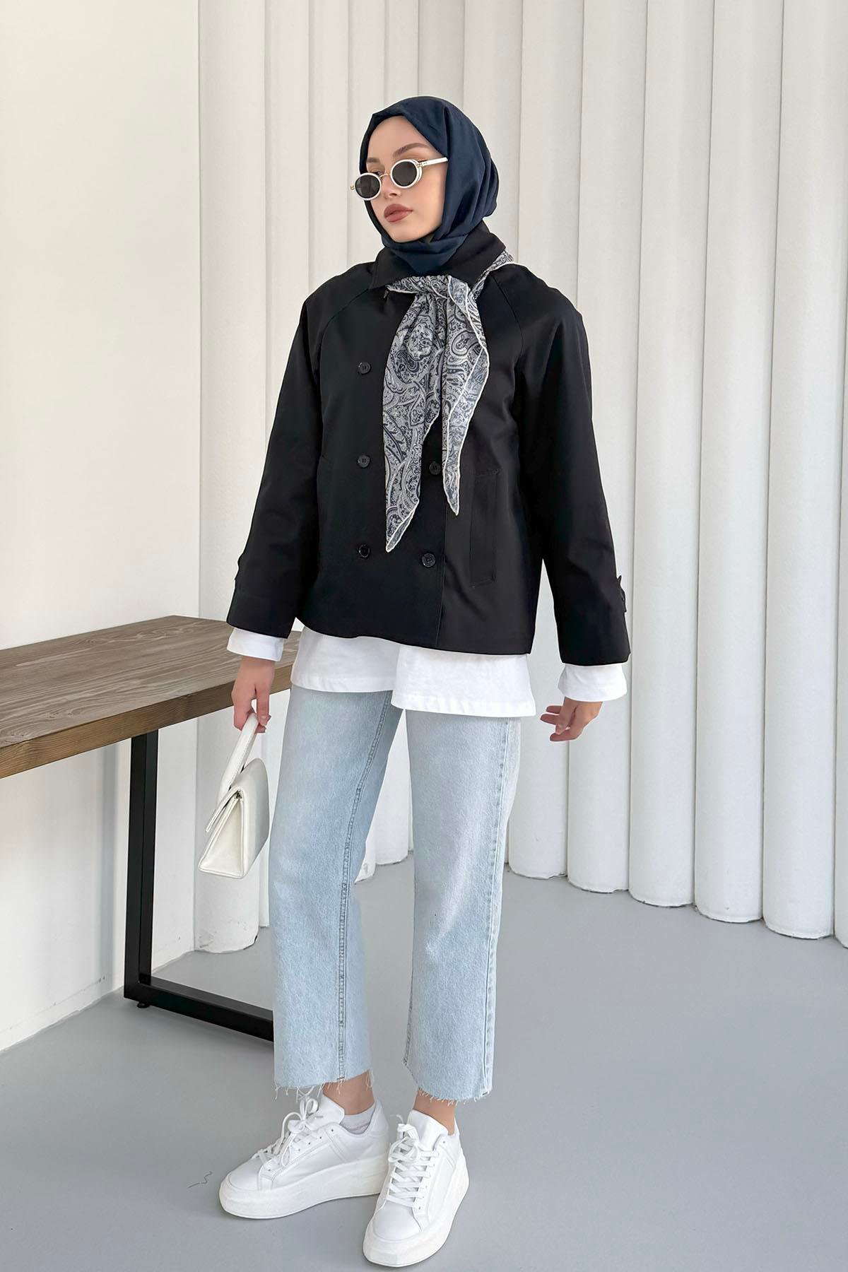 Kruvaze Yaka Kısa Trençkot-LACİVERT