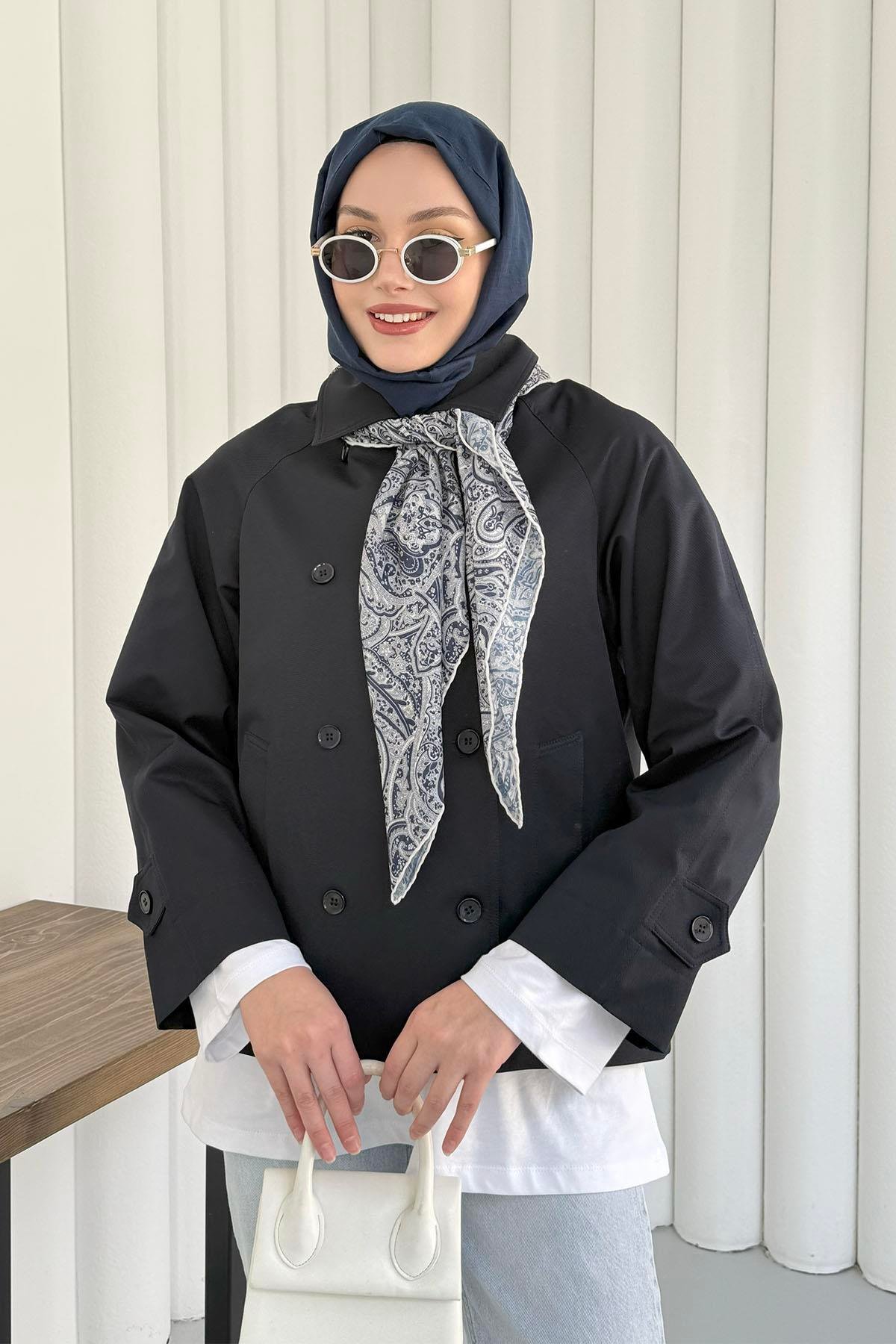 Kruvaze Yaka Kısa Trençkot-LACİVERT