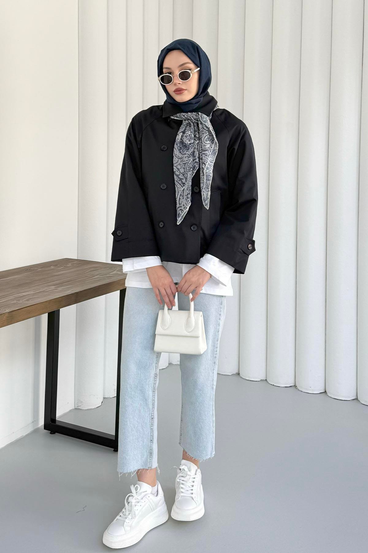 Kruvaze Yaka Kısa Trençkot-LACİVERT