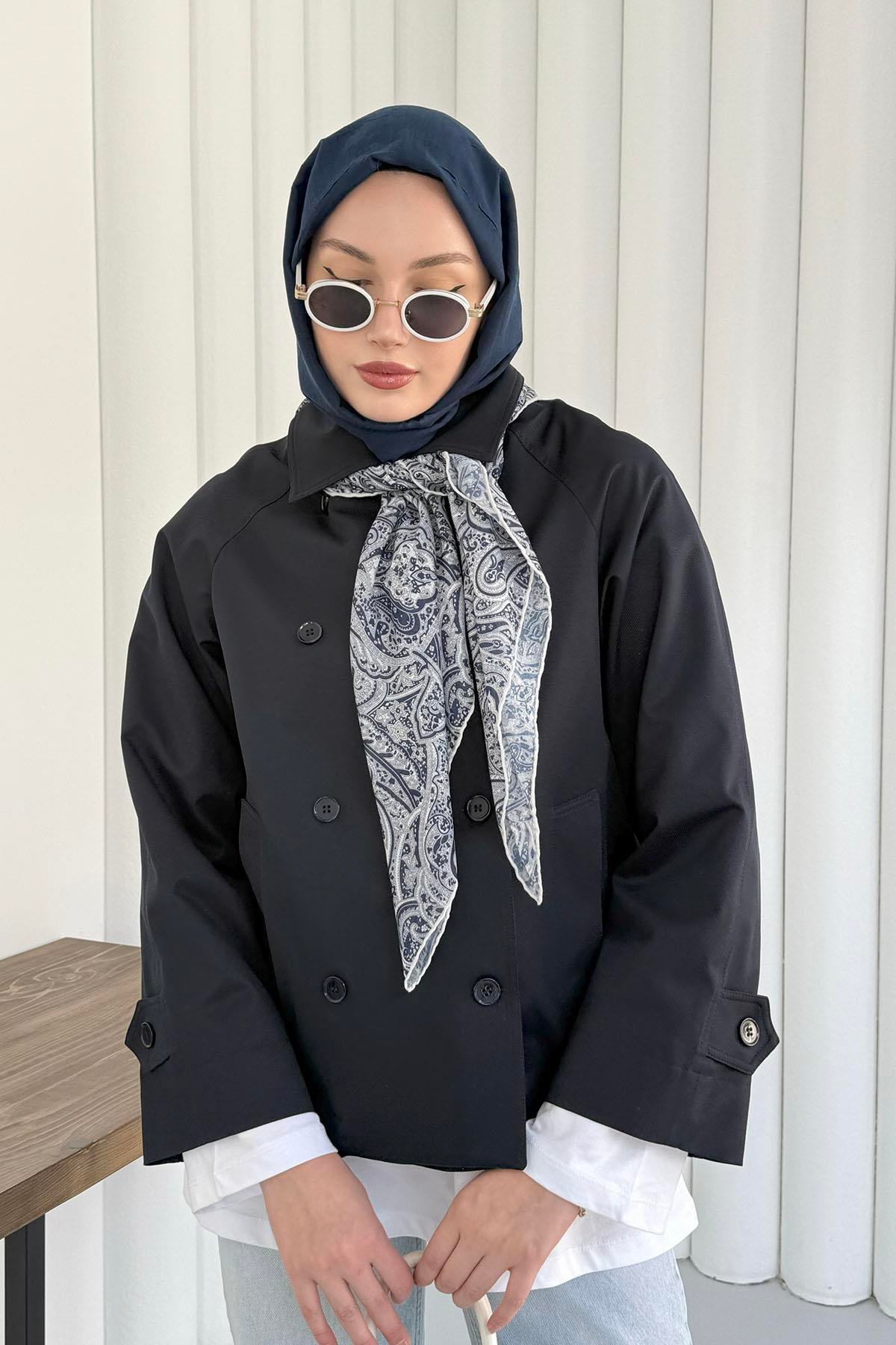 Kruvaze Yaka Kısa Trençkot-LACİVERT