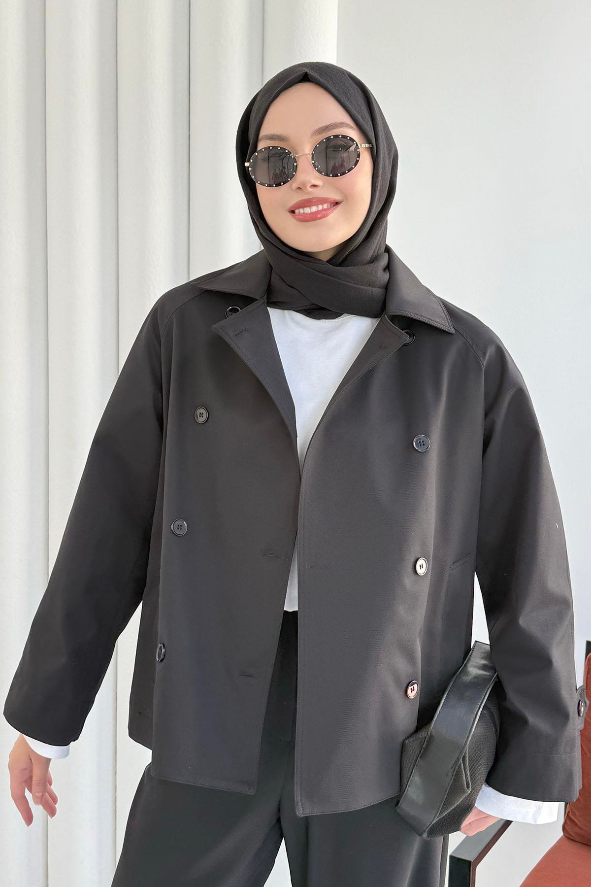 Kruvaze Yaka Kısa Trençkot-SİYAH