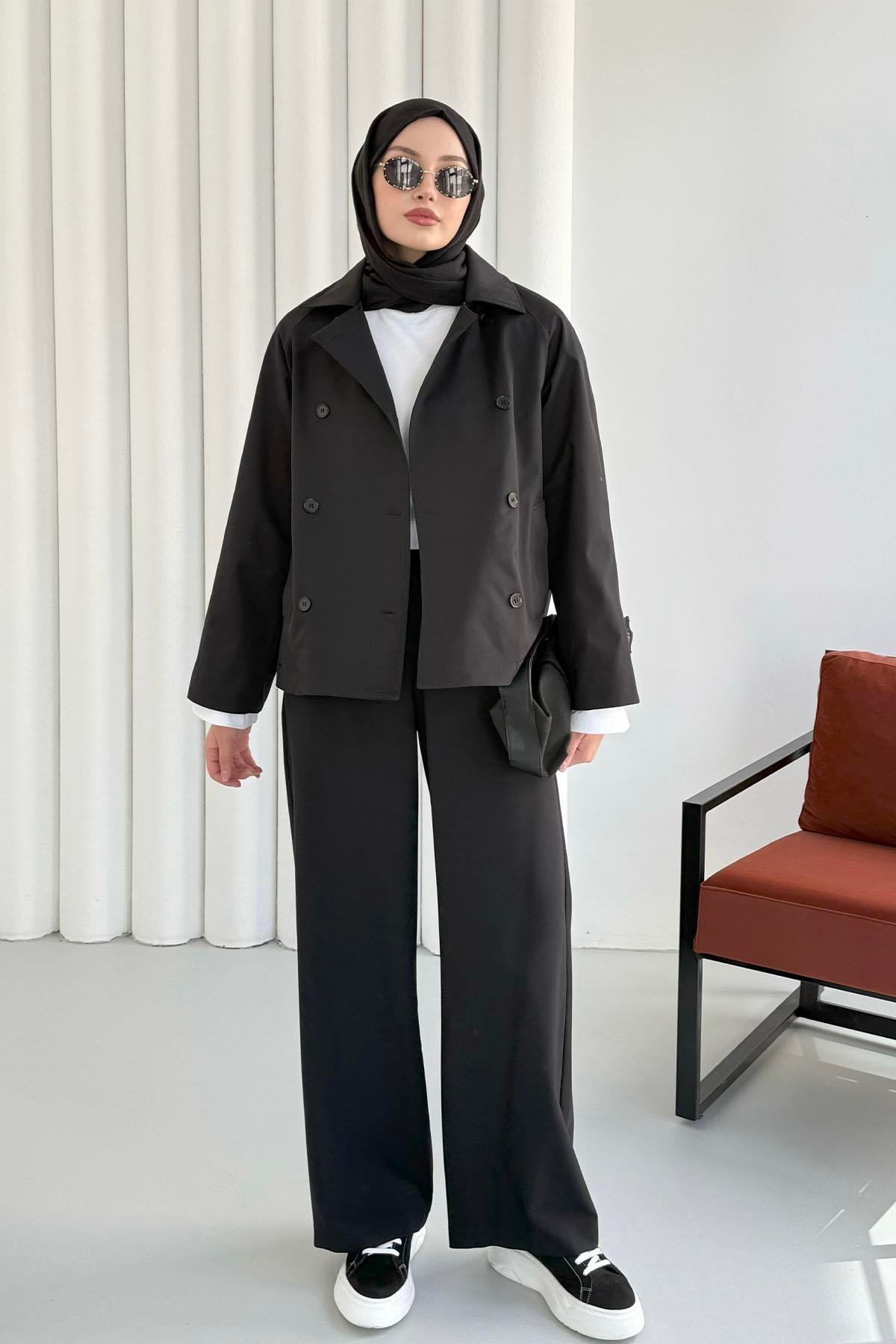 Kruvaze Yaka Kısa Trençkot-SİYAH