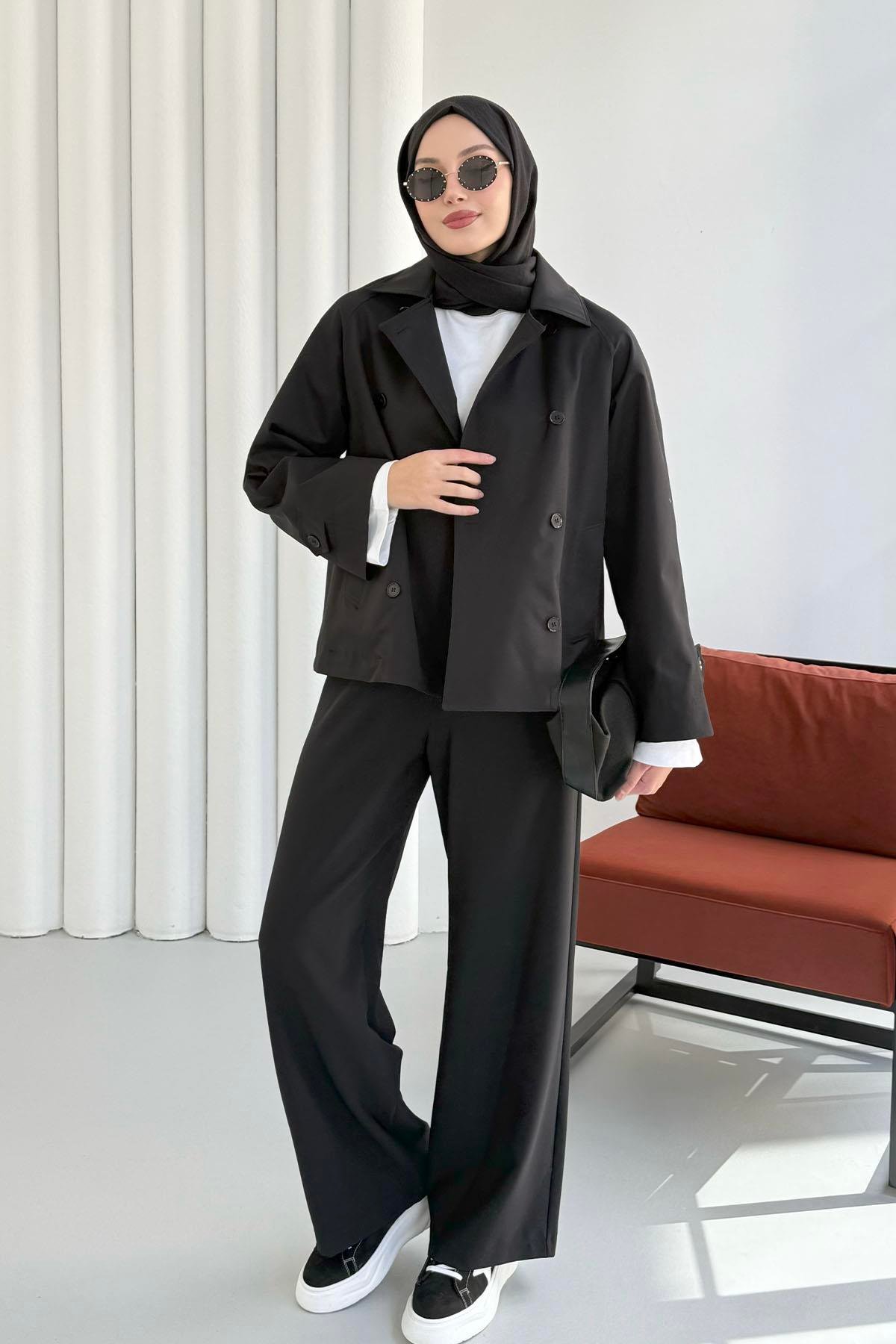 Kruvaze Yaka Kısa Trençkot-SİYAH