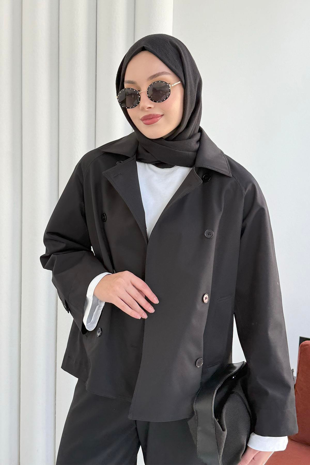 Kruvaze Yaka Kısa Trençkot-SİYAH