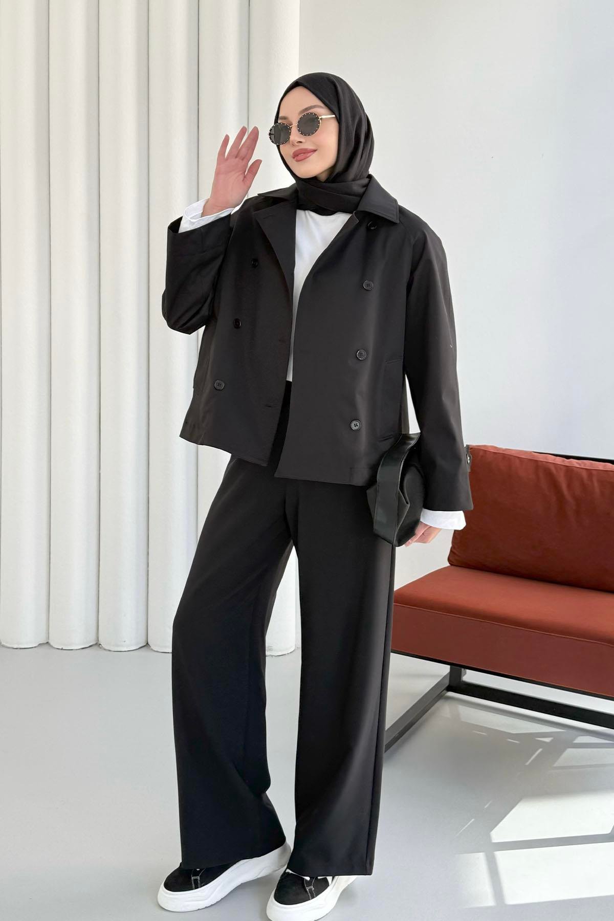 Kruvaze Yaka Kısa Trençkot-SİYAH