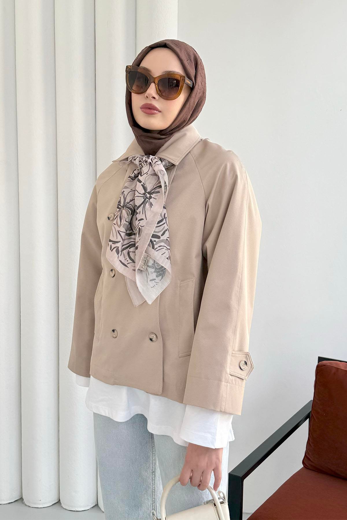 Kruvaze Yaka Kısa Trençkot-TAŞ