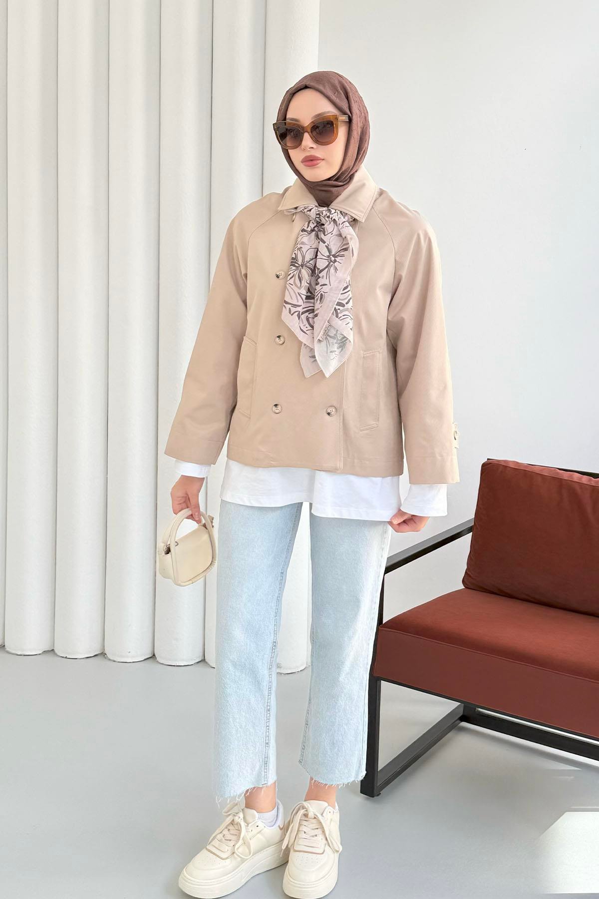 Kruvaze Yaka Kısa Trençkot-TAŞ