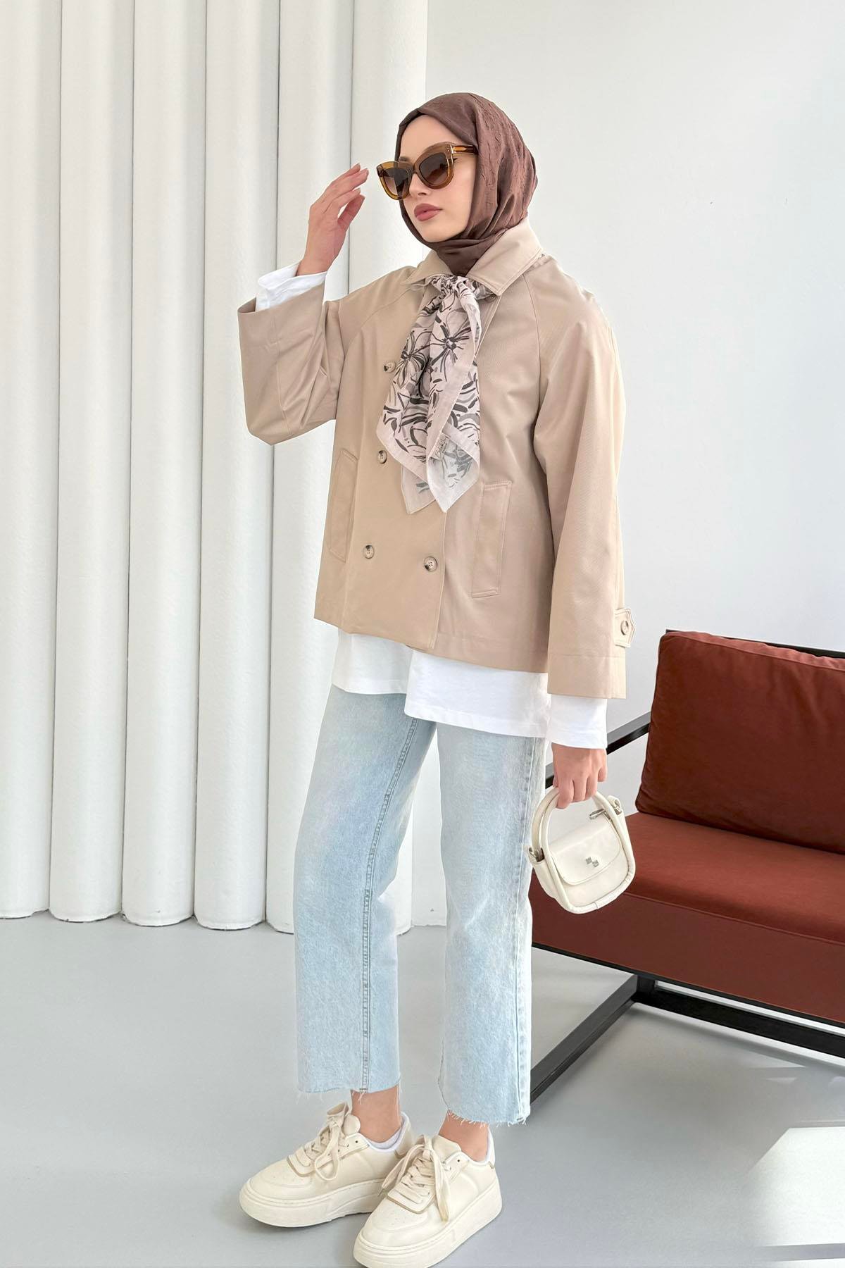 Kruvaze Yaka Kısa Trençkot-TAŞ