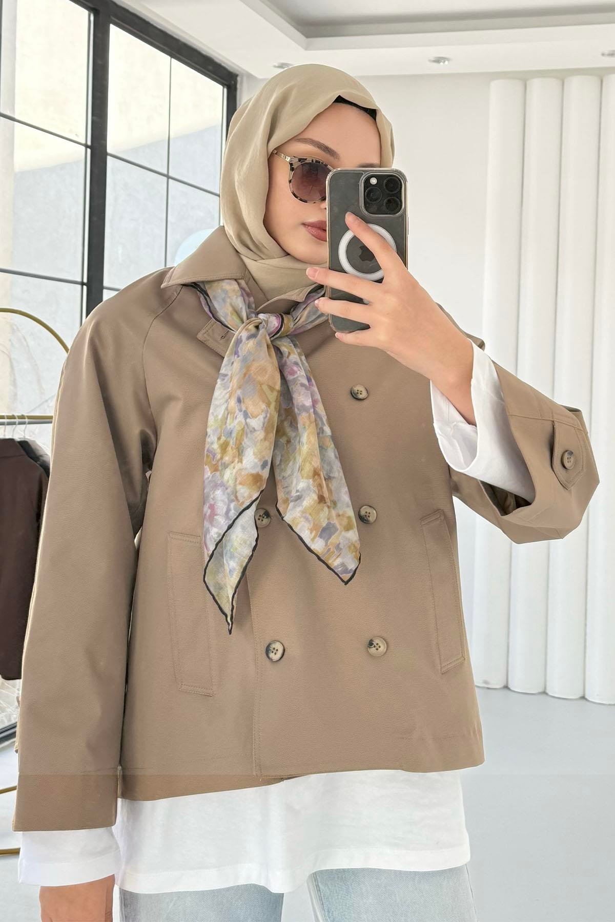 Kruvaze Yaka Kısa Trençkot-YEŞİL