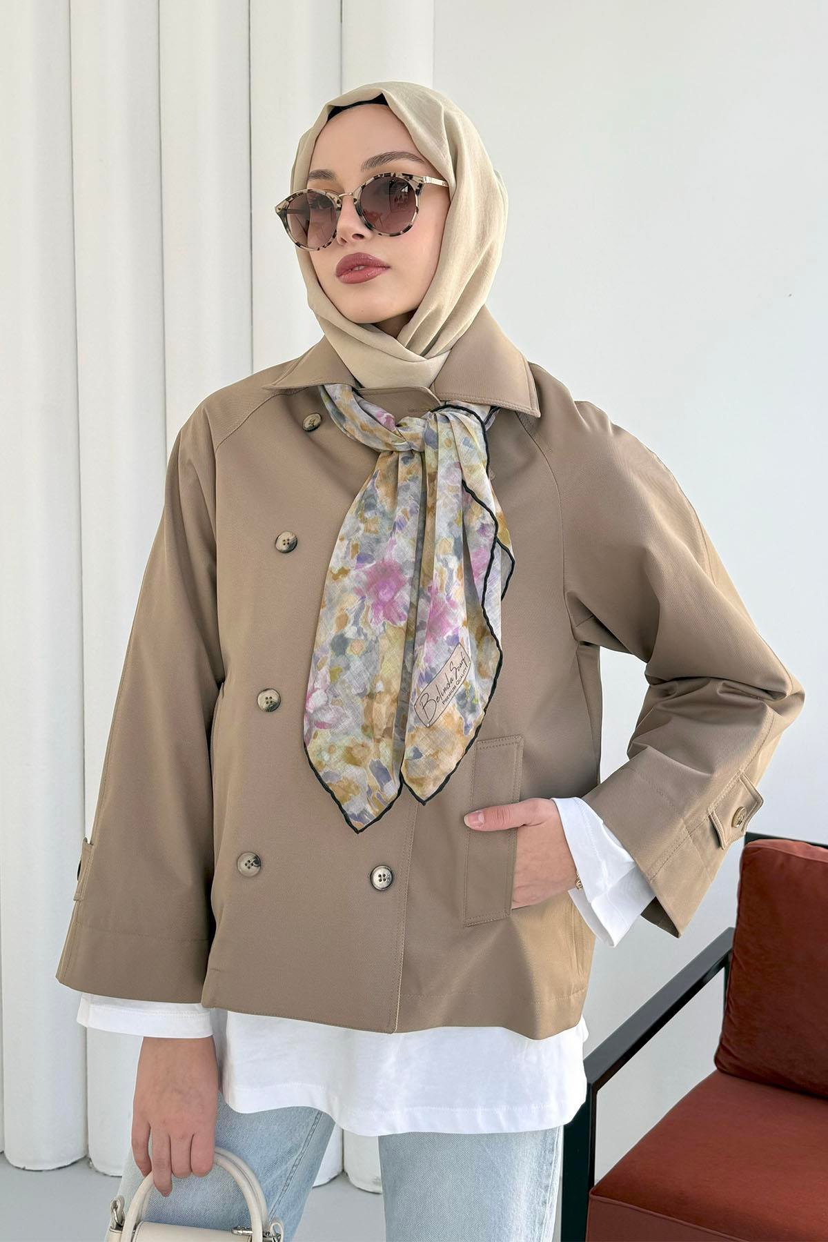 Kruvaze Yaka Kısa Trençkot-YEŞİL