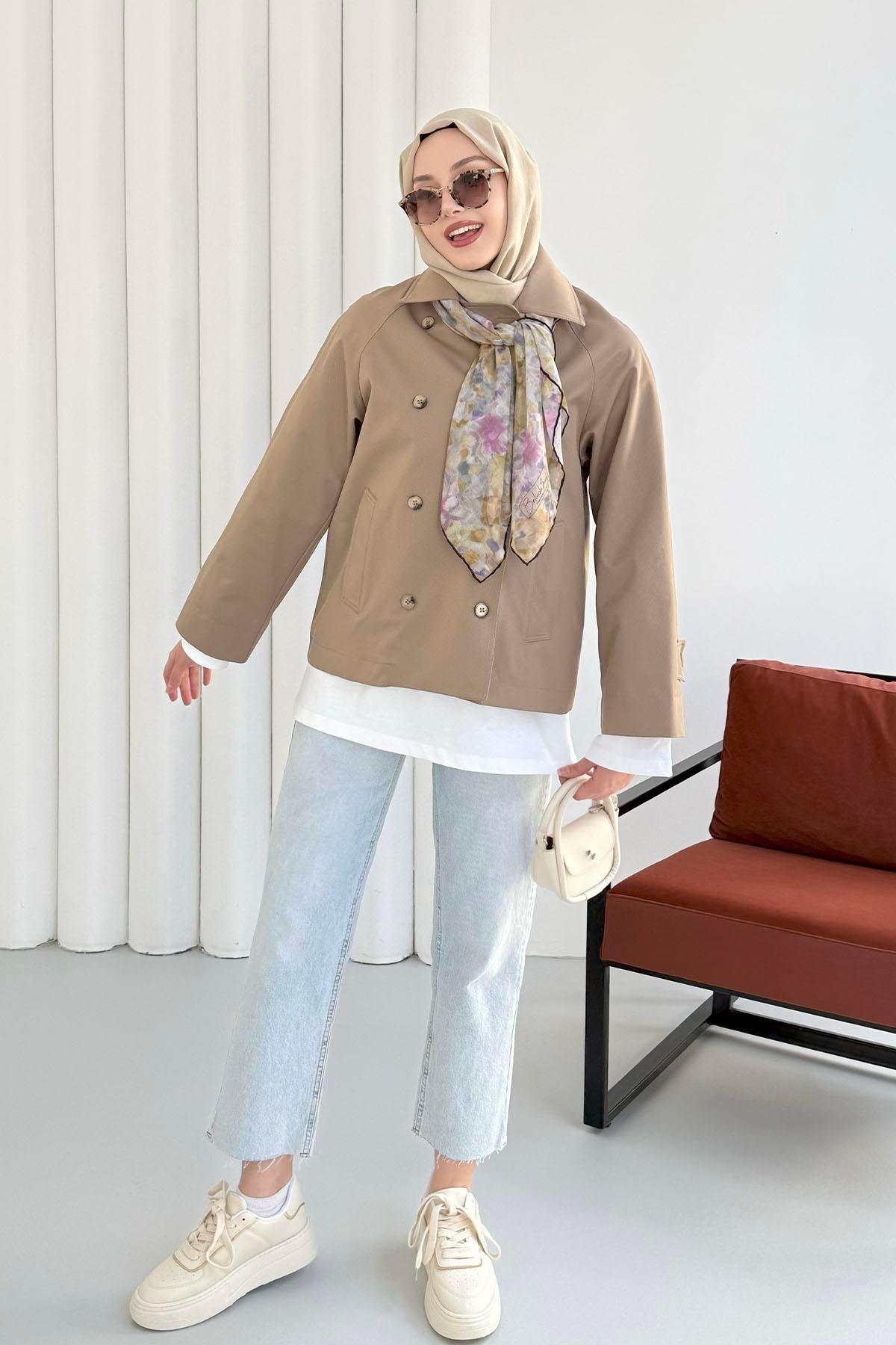 Kruvaze Yaka Kısa Trençkot-YEŞİL