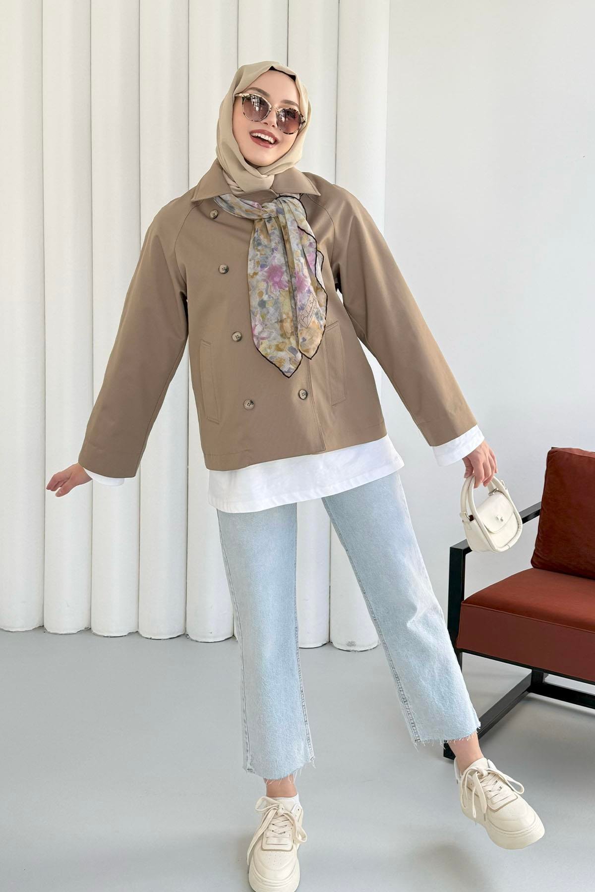 Kruvaze Yaka Kısa Trençkot-YEŞİL