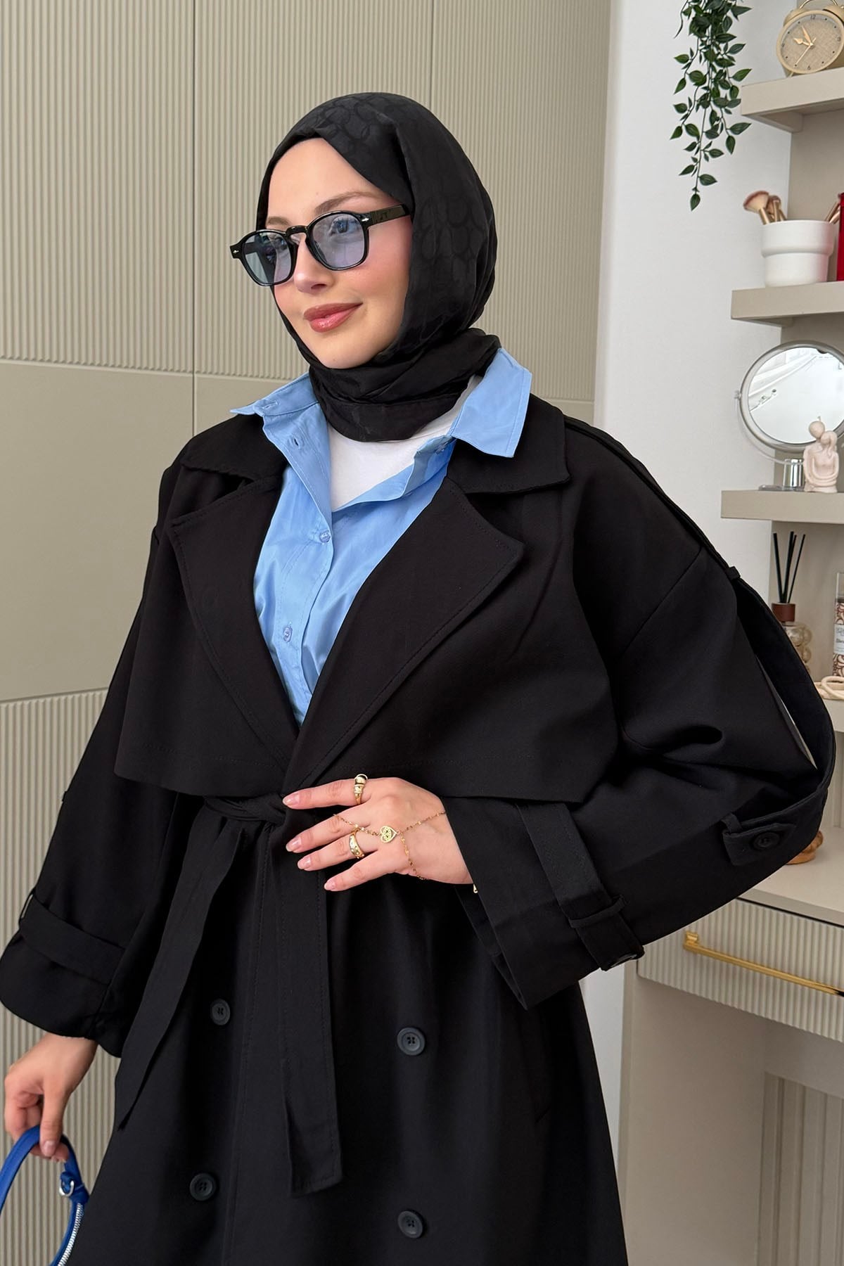 Kruvaze Yaka Kuşak Detaylı Oversize Trençkot-SİYAH