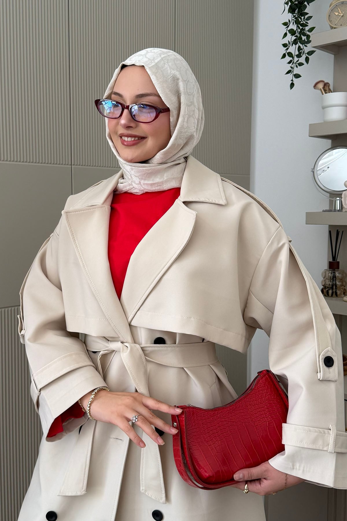 Kruvaze Yaka Kuşak Detaylı Oversize Trençkot-TAŞ
