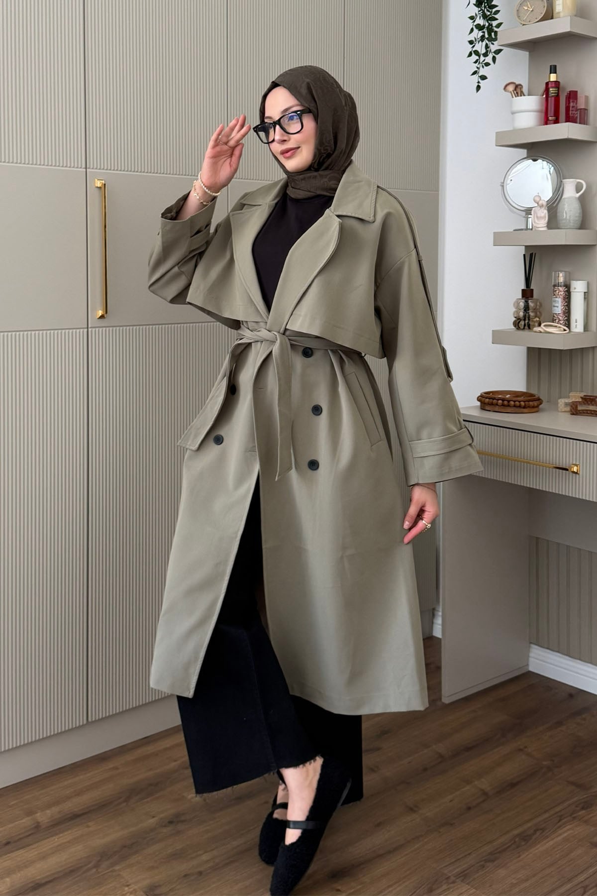 Kruvaze Yaka Kuşak Detaylı Oversize Trençkot-HAKİ YEŞİL